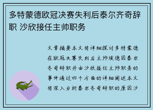 多特蒙德欧冠决赛失利后泰尔齐奇辞职 沙欣接任主帅职务