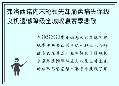 弗洛西诺内末轮领先却崩盘痛失保级良机遗憾降级全城叹息赛季悲歌