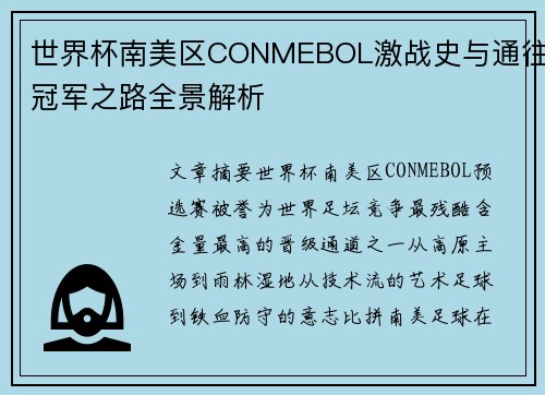 世界杯南美区CONMEBOL激战史与通往冠军之路全景解析